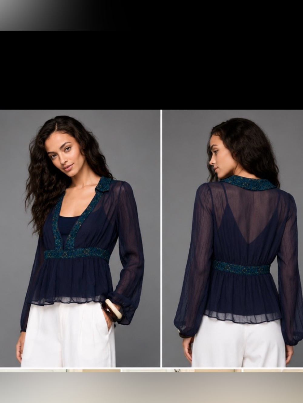 Anthropologie Sheer Lace Blouse – Navy Blue - Picture 2 of 4
